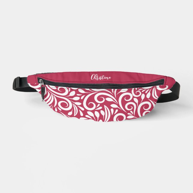 Custom Name Abstract Floral Elegant Magenta Red    Bum Bags (Front)
