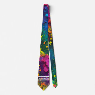 Custom Name Abstract Splatter Paint Cosmic Rainbow Tie