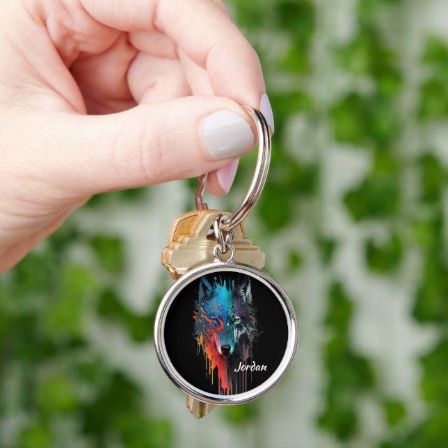 Custom Name Abstract Stylised Wolf Head Key Ring (Hand)