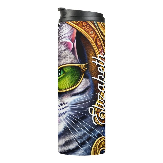Custom Name Adorable Cat Wearing Glasses Thermal Tumbler (Rotated Right)