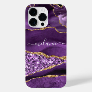 Custom Name Agate Purple Violet Gold Marble iPhone 14 Pro Max Case