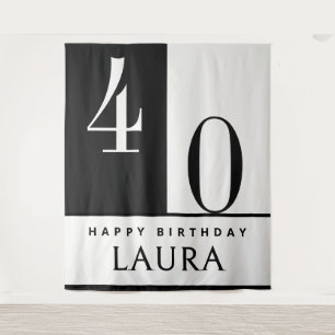 Custom Name & Age Banner, Black and White Birthday Tapestry