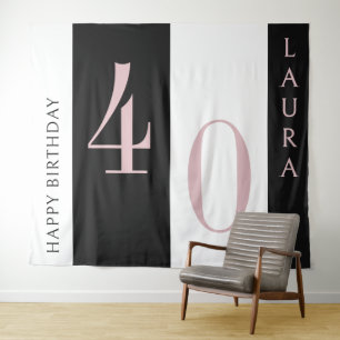 Custom Name & Age Banner Black Pink White Birthday Tapestry