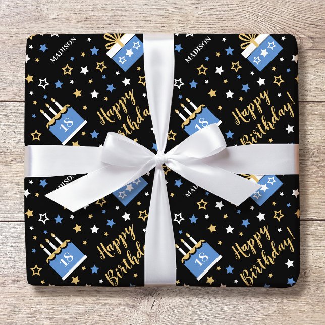 Custom Name Age Birthday Cake Blue Black Wrapping Paper (Creator Uploaded)
