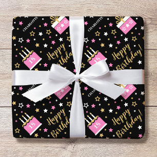 Custom Name Age Birthday Cake Pink Black Wrapping Paper