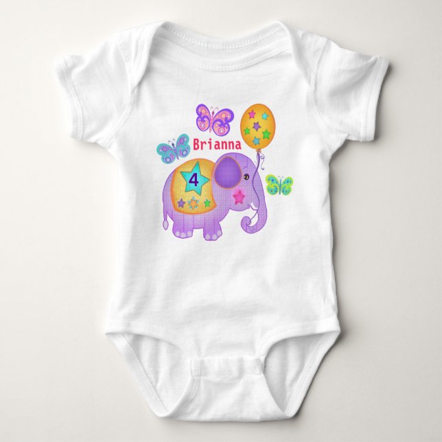 Custom Name & Age Birthday Elephant T-Shirt Baby Bodysuit (Front)