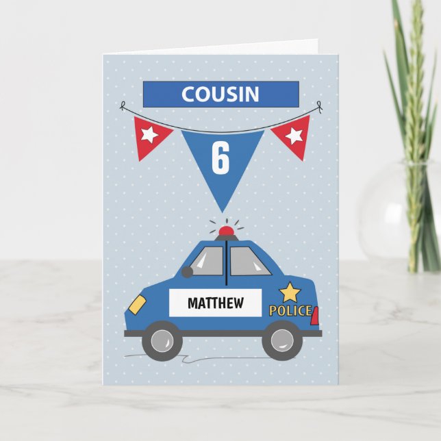 Custom Name Age Cousin 6th Birthday Blue Police Card (Front)