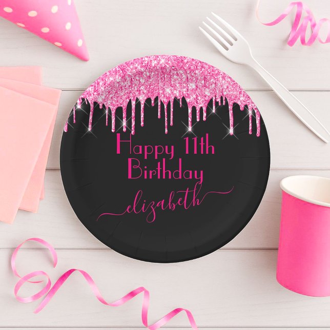 Custom Name + Age Hot Pink Dripping Glitter Black Paper Plate (Creator Uploaded)