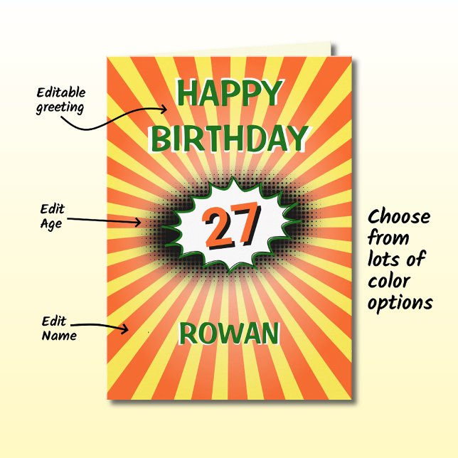 Custom name age orange yellow retro birthday card (Creator Uploaded)