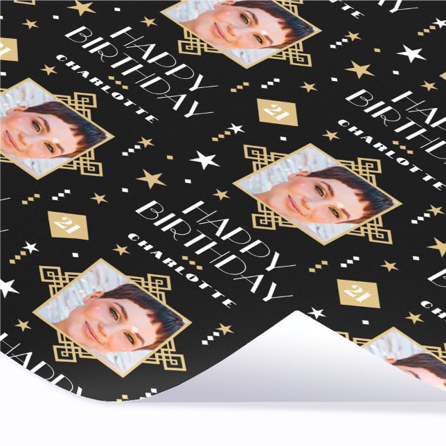 Custom Name Age Photo Art Deco Birthday Black Wrapping Paper (Creator Uploaded)