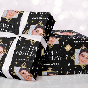 Custom Name Age Photo Art Deco Birthday Black Wrapping Paper