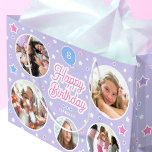 Custom Name Age Photo Collage Birthday Star Purple Large Gift Bag<br><div class="desc">Celebrate a special birthday with a custom photo gift bag! This cute template is personalised with your child's name,  age and five favourite photographs! A unique and stylish design,  featuring round picture frames,  with a balloon,  and stars. Printed colours: lilac purple,  candy pink,  blue and white.</div>