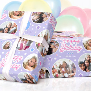 Custom Name Age Photo Collage Birthday Star Purple Wrapping Paper