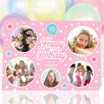 Custom Name Age Photo Collage Birthday Stars Pink Card<br><div class="desc">Cute personalised greetings card,  featuring five of your favourite photos! Celebration balloon and stars in pink,  white and blue-green turquoise.</div>