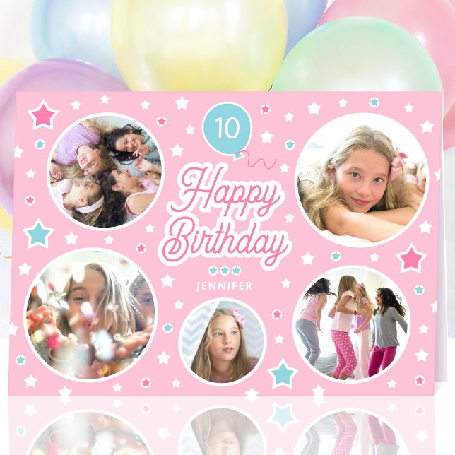 Custom Name Age Photo Collage Birthday Stars Pink Card (Creator Uploaded)