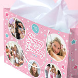 Custom Name Age Photo Collage Birthday Stars Pink Large Gift Bag<br><div class="desc">Say "Happy Birthday" with this cute personalised gift bag,  featuring five of your favourite photos! Celebration balloon and stars in pink,  white and blue-green turquoise.</div>