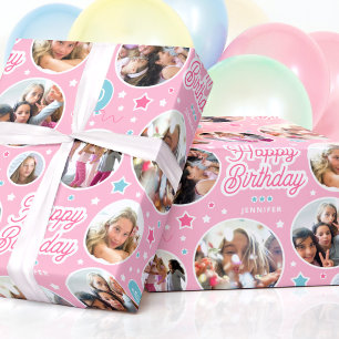 Custom Name Age Photo Collage Birthday Stars Pink Wrapping Paper