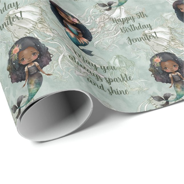 Custom Name Age Sentiment Mermaid Birthday Wrapping Paper (Roll Corner)