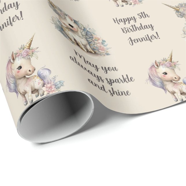 Custom Name Age Sentiment Unicorn Birthday Wrapping Paper (Roll Corner)