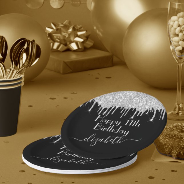 Custom Name + Age Silver Dripping Glitter Black Paper Plate (Creator Uploaded)