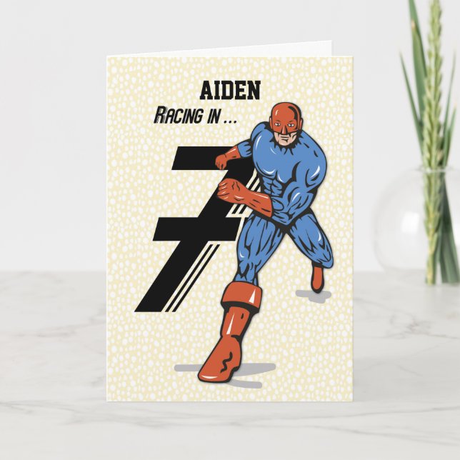 Custom Name, Aiden, 7th Birthday Superhero Card (Front)