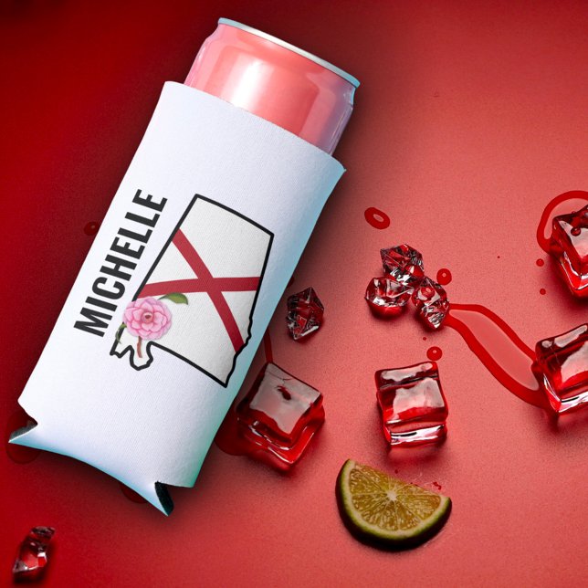 Custom Name Alabama Flag and State Flower Camellia Seltzer Can Cooler (Creator Uploaded)