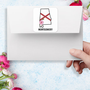 Custom Name Alabama Flag and State Flower Camellia Square Sticker