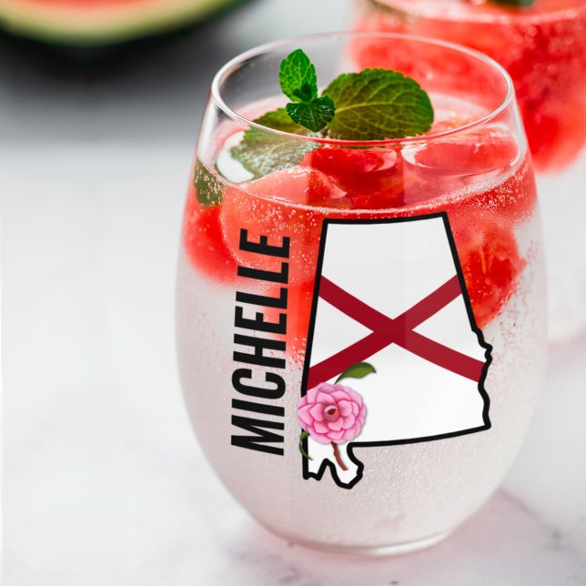 Custom Name Alabama Flag and State Flower Camellia Stemless Wine Glass (Creator Uploaded)