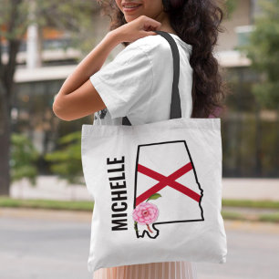 Custom Name Alabama Flag and State Flower Camellia Tote Bag