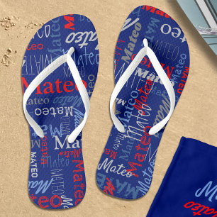 Custom name all over graphic text grey blue red jandals