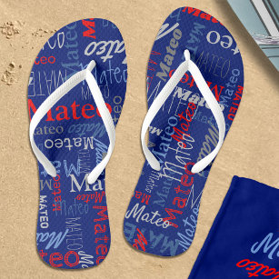 Custom name all over graphic text grey blue red  jandals