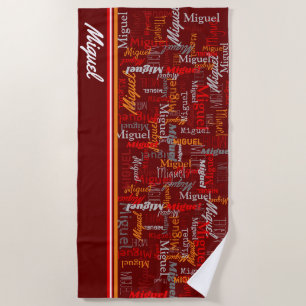 Custom name all over graphic text red orange grey beach towel