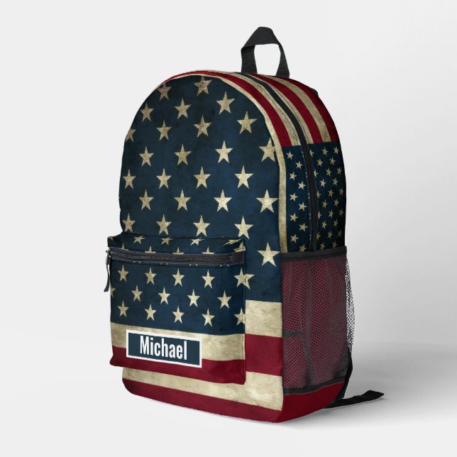 Custom Name American Flag Boys Backpack (Back Corner Right)