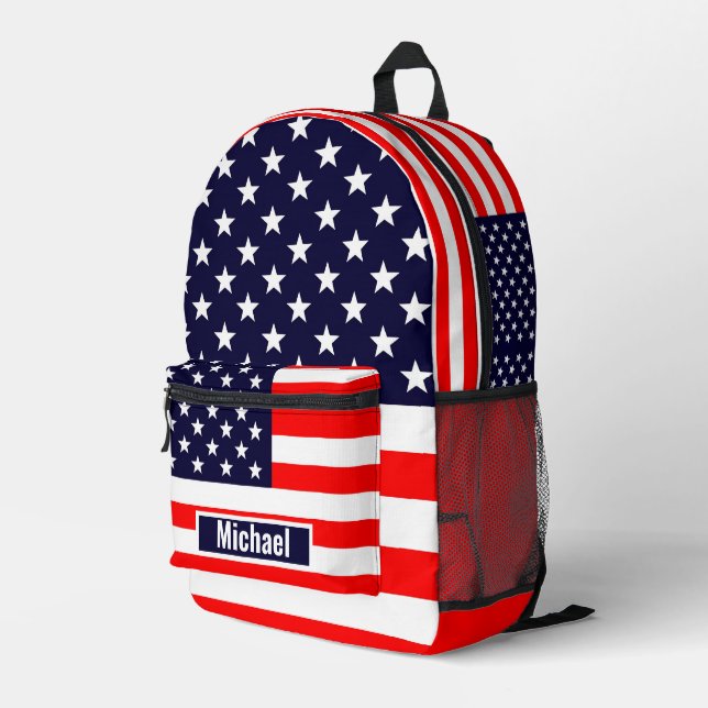 Custom Name American Flag Boys Backpack (Back Corner Right)