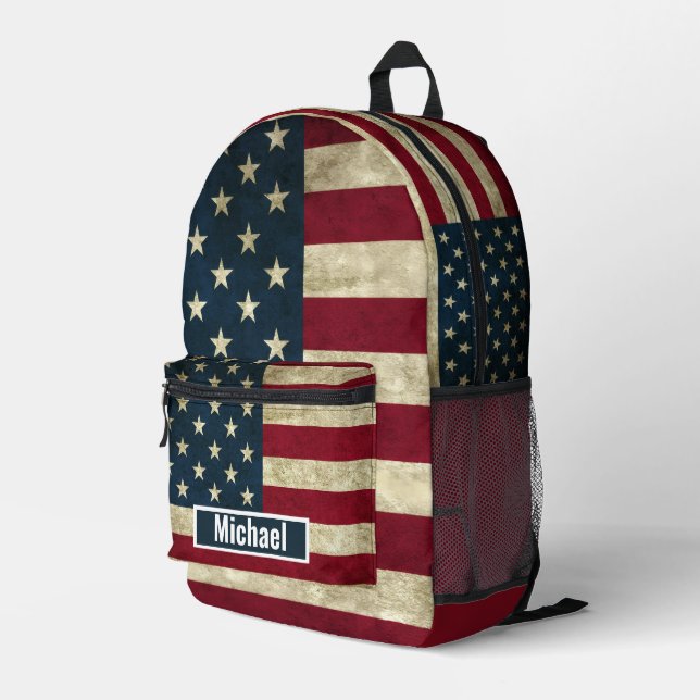 Custom Name American Flag Boys Backpack (Back Corner Right)