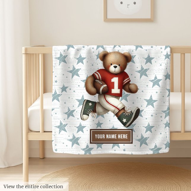 Custom Name American Football Blanket for Boys (Cozy football teddy bear blanket, soft and cute boy birthday gift for little sports fans.)