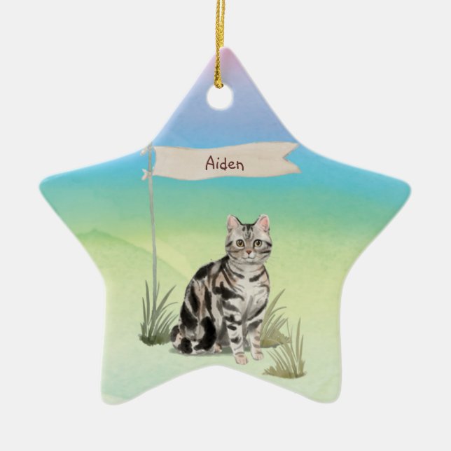 Custom Name American Short Hair Pet Cat Ceramic Tree Decoration (Front)