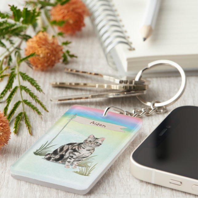 Custom Name American Short Hair Pet Cat Key Ring (Front Right)