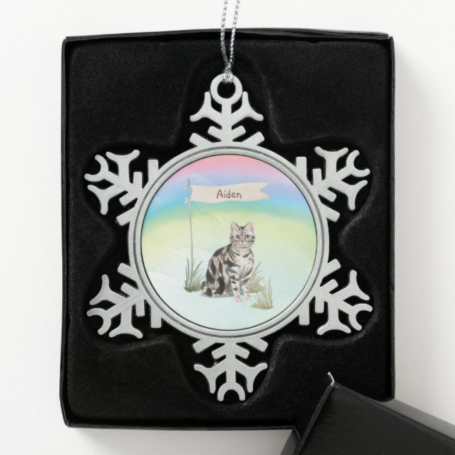 Custom Name American Short Hair Pet Cat Snowflake Pewter Christmas Ornament (Box)