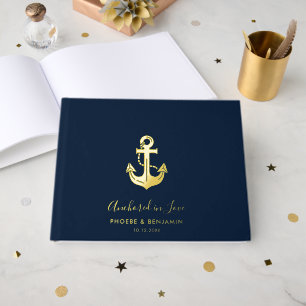 Custom Name Anchor Navy & Gold Wedding Guest Book