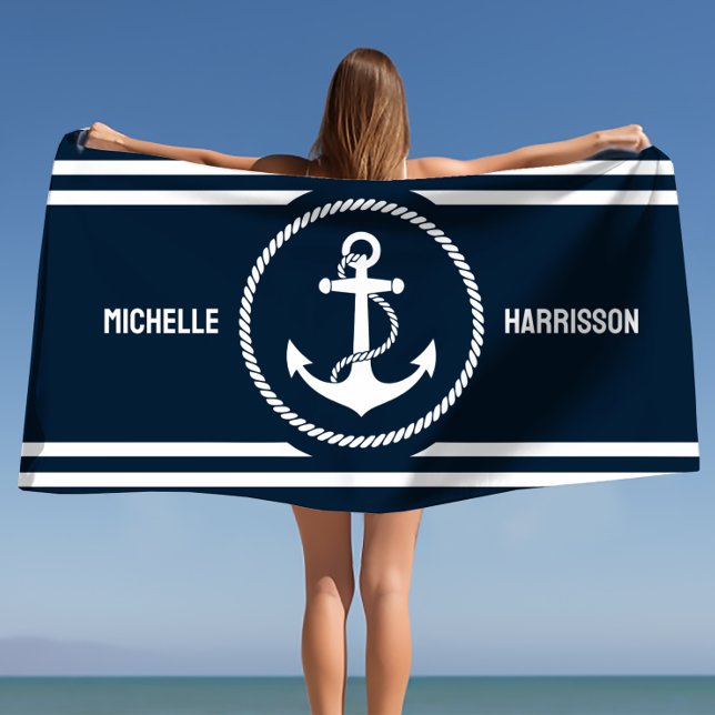 Custom Name Anchor & Rope Nautical Marine Beach Towel (Creator Uploaded)