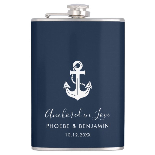 Custom Name Anchor Wedding Party Nautical Gift Hip Flask (Front)