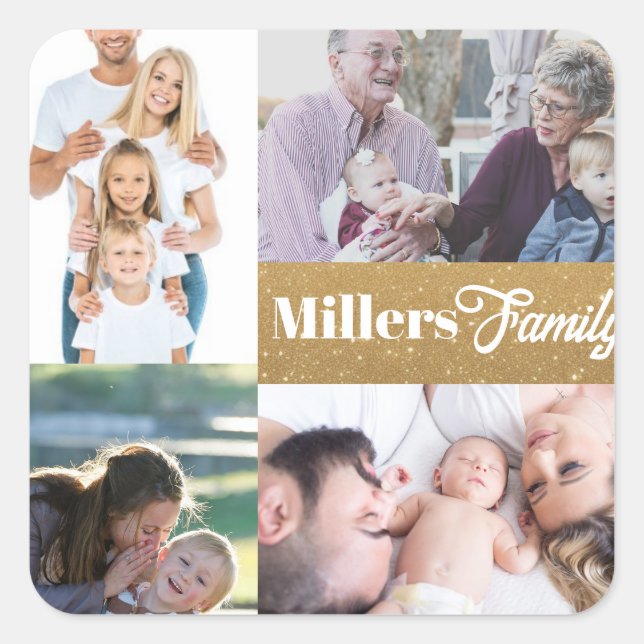 Custom name and 4 photo collage gold keychain square sticker (Front)