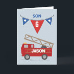 Custom Name and Age, 6th Birthday Son, Firetruck Card<br><div class="desc">Your son’s birthday is as special as the day he was born. Make it more special with this card is age and name customisable fire truck card.</div>
