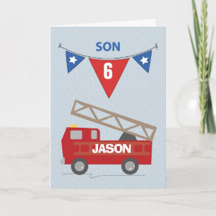 Custom Name and Age, 6th Birthday Son, Firetruck Card
