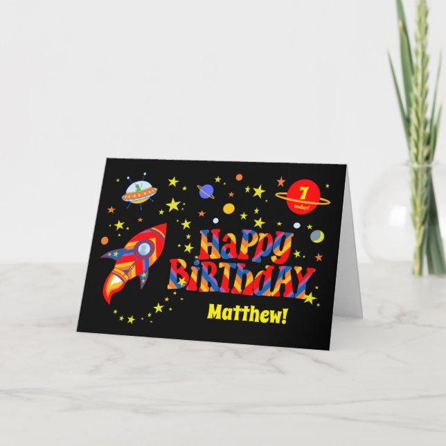 Custom Name and Age Birthday with Spaceship Card (Front)