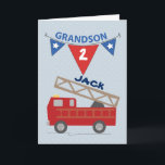 Custom Name and Age Grandson Firetruck Card<br><div class="desc">Seeing his name and age will be special for a young grandson and his parents! A firetruck is whizzing by with sound effects supplied by you,  the reader! Brightly coloured red and blue will delight him. Customisable card with name and age!</div>