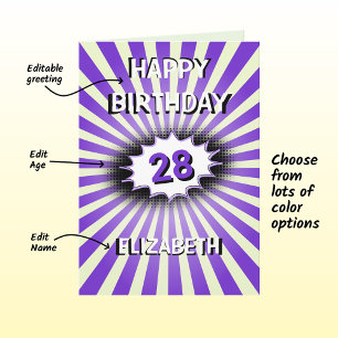 Custom name and age purple splash retro birthday card