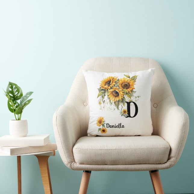 Custom Name and Initial Chic Sunflowers Yellow Cushion (Chair)