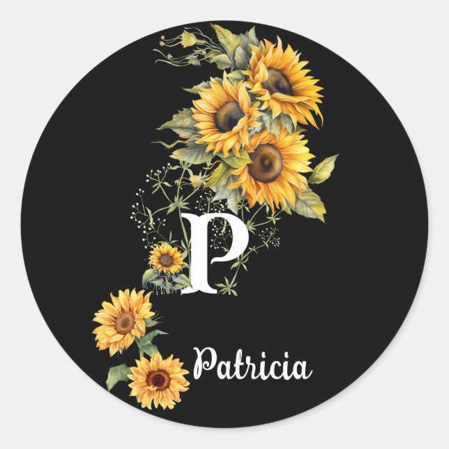 Custom Name and Initial Modern Sunflowers Yellow Classic Round Sticker (Front)